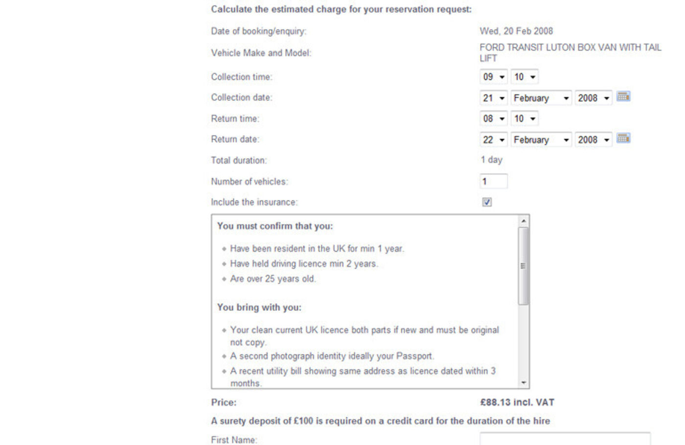 Bank View Hire Reservation request