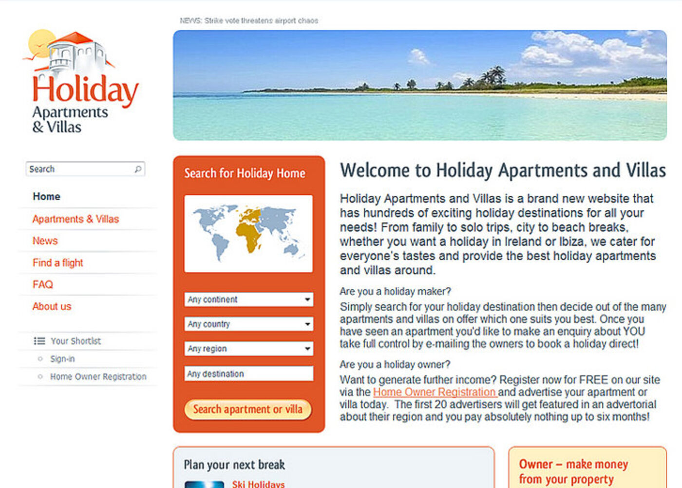 Holiday Apartments & Villas Homepage header