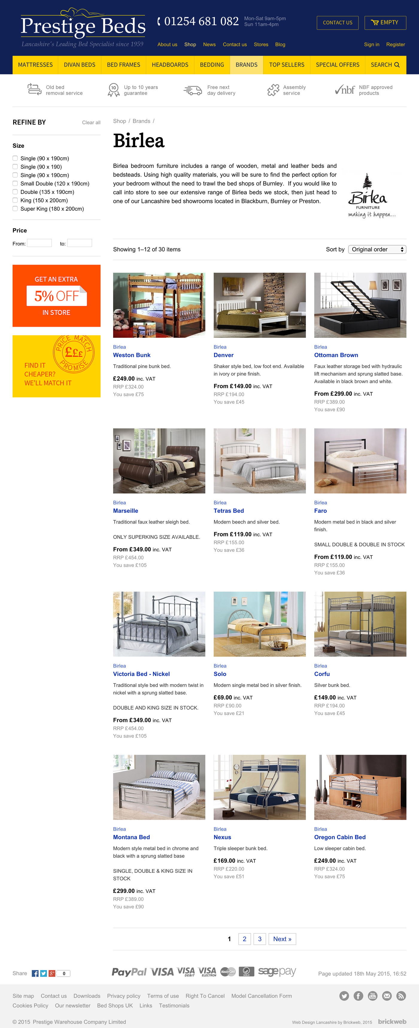 Prestige Beds Products page