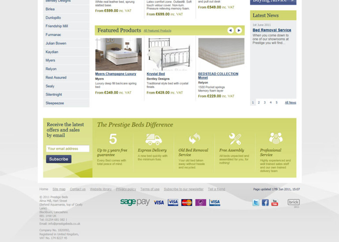 Prestige Beds (2011) Homepage footer